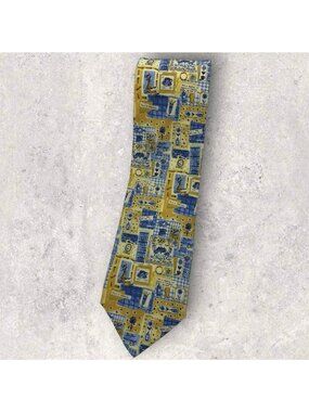 TIE RACK Silk Tie ITALY Yellow Blue PARIS IS BEAUTIFUL W:3.6" EUC